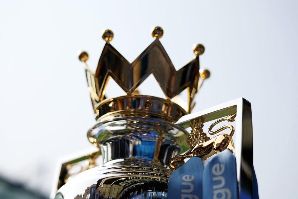 A detailed view of the Premier League Trophy as it is displayed inside the stadium prior to the Premier League match between Chelsea FC and Manchester City