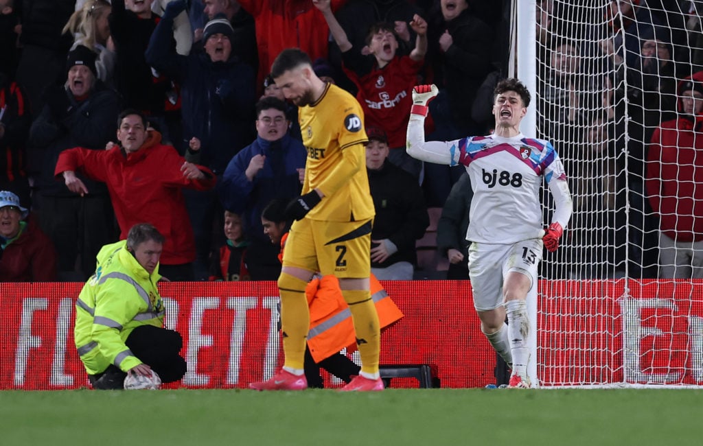 Kepa Arrizabalaga of AFC Bournemouth celebrates after saving a penalty from Matt Doherty of Wolverhampton Wanderers in the shootout during the Emirates FA Cup Fifth Round match between AFC Bournemouth and Wolverhampton