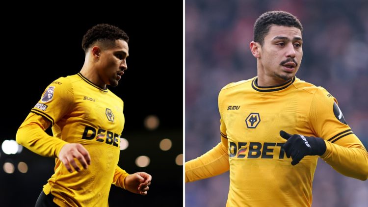 Split image: Joao Gomes of Wolverhampton Wanderers prepares to take a corner during the Premier League match between Wolverhampton Wanderers FC and...