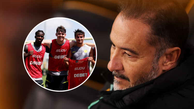 An image of Vitor Pereira (right) with Chiquinho, Jorgen Strand Larsen and Hugo Bueno (left, circled).