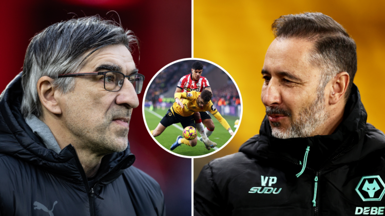 A split image with inset. Ivan Juric (left), Vitor Pereira (right) with Mateus Fernandes and Santiago Bueno (centre, circled).