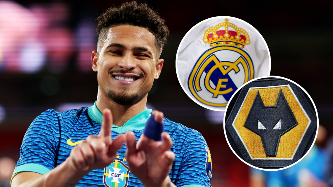 An image of Joao Gomes (left) with Real Madrid and Wolves' badges (right, circled).