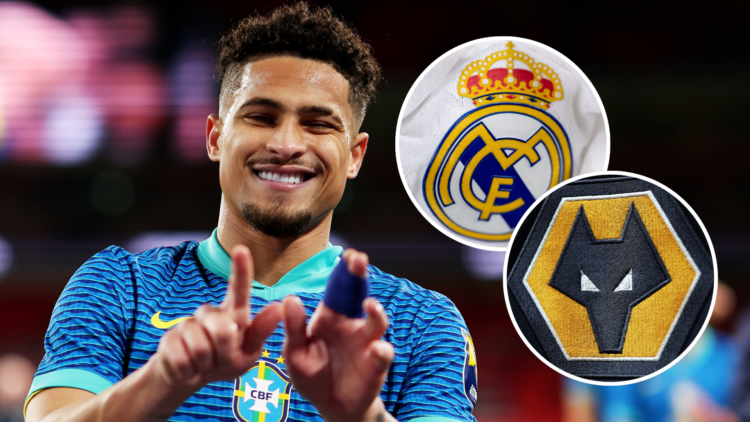 An image of Joao Gomes (left) with Real Madrid and Wolves' badges (right, circled).