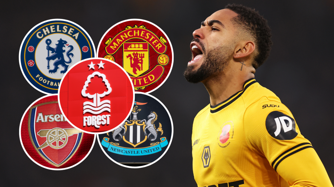 An image of Matheus Cunha (right) with Chelsea, Man United, Nottingham Forest, Arsenal and Newcastle United badges (right, circled).