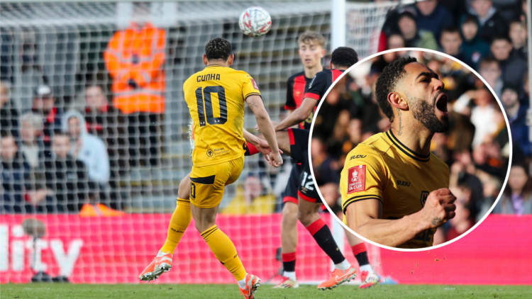 An image of Matheus Cunha scoring against Bournemouth.