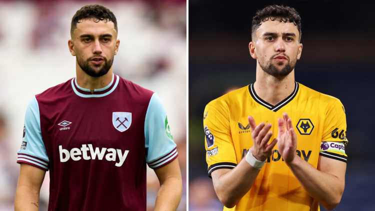 A split image showing Max Kilman in a West Ham kit (left) and again in a Wolves kit (right).