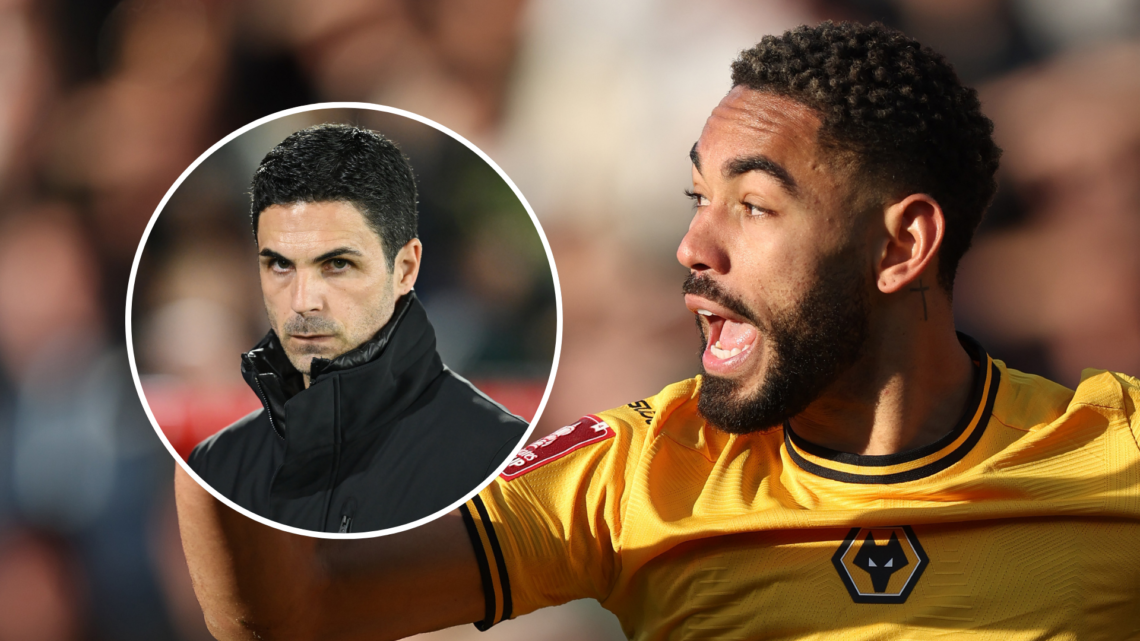 An image of Matheus Cunha (right) with Mikel Arteta (left, circled)