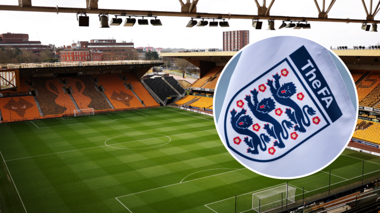 An image of Molineux Stadium (centre) with the English FA badge inset (left).