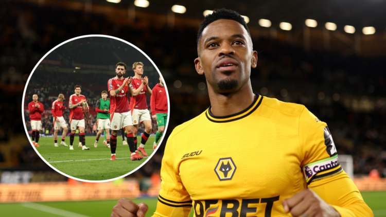An image of Nelson Semedo (right) and Man United's squad (left, circled).