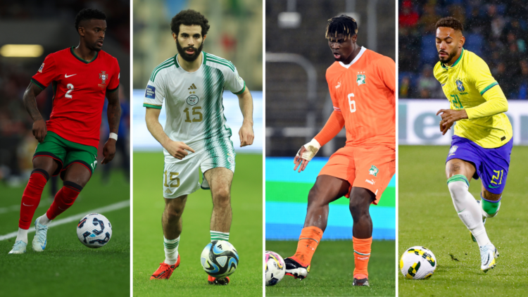 A four-way split image (left to right) of Nelson Semedo, Rayan Ait-Nouri, Emmanuel Agbadou and Matheus Cunha.
