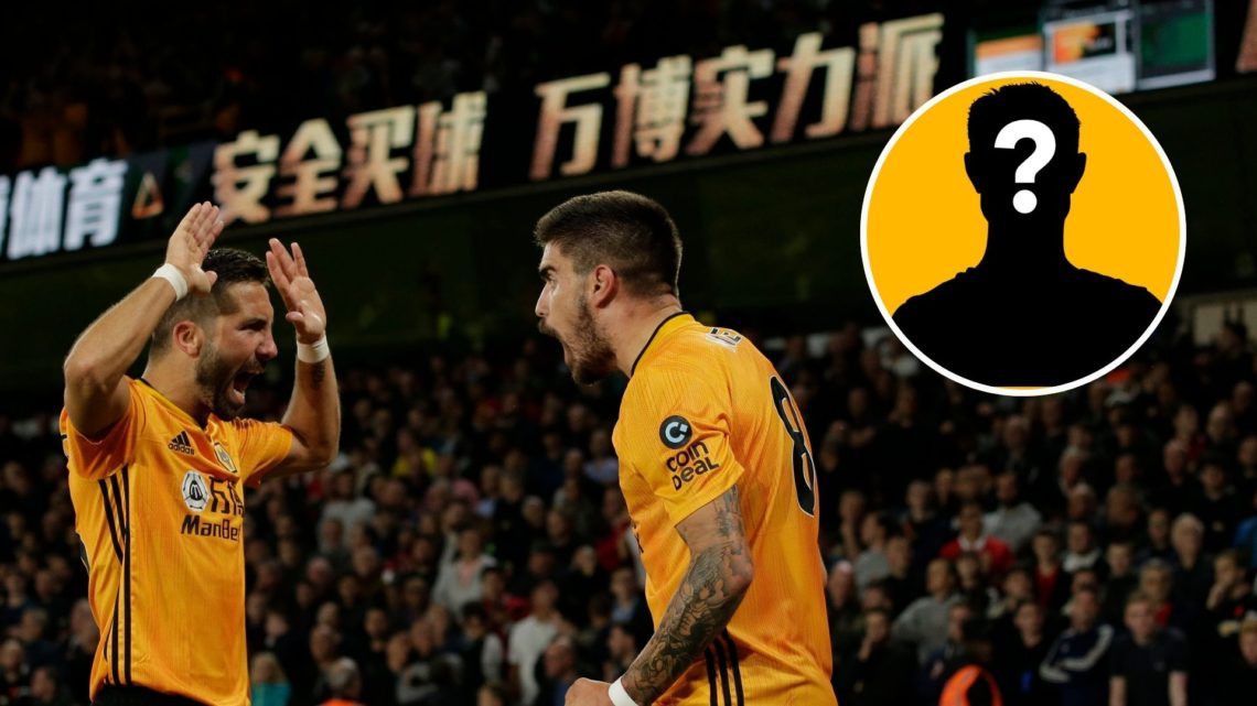 Ruben Neves of Wolverhampton Wanderers celebrates scoring a goal with Joao Moutinho during the Premier League match between Wolverhampton Wanderers...