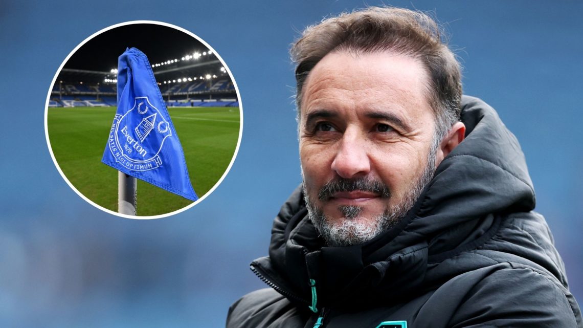An image of Vitor Pereira (right) with an inset of an Everton badge (circled).