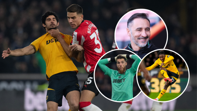 An image of Goncalo Guedes and Jan Bednarek (left) with Vitor Pereira, Jose Sa and Jean-Ricner Bellegarde in circled insets (right).