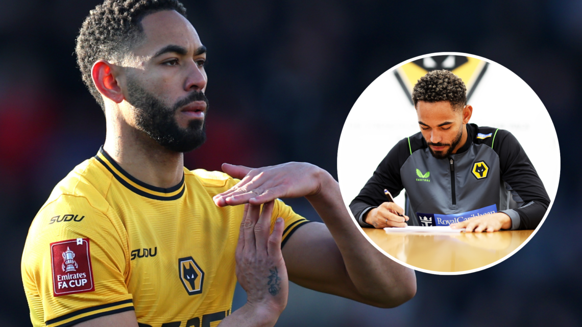 An image of Matheus Cunha (left) with him again signing his most recent Wolves contract (right, circled).