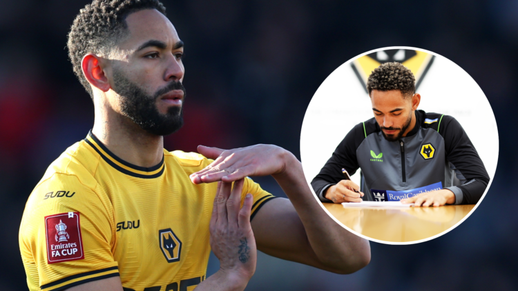 An image of Matheus Cunha (left) with him again signing his most recent Wolves contract (right, circled).