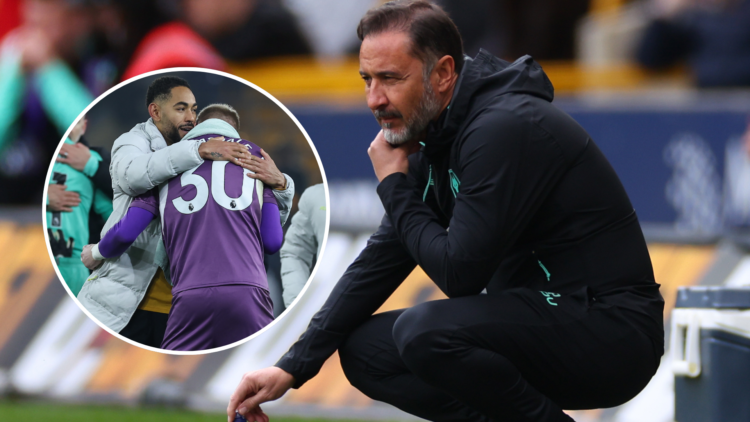 An image of Vitor Pereira (right) with Matheus Cunha and Aaron Ramsdale (left, circled).