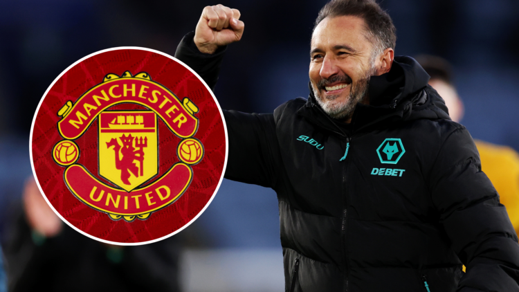 An image of Vitor Pereira (right) with Man United's badge (left, circled).