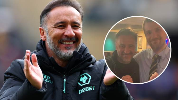 An image of Vitor Pereira (left) with him and Luke Tomkinson (right, circled).