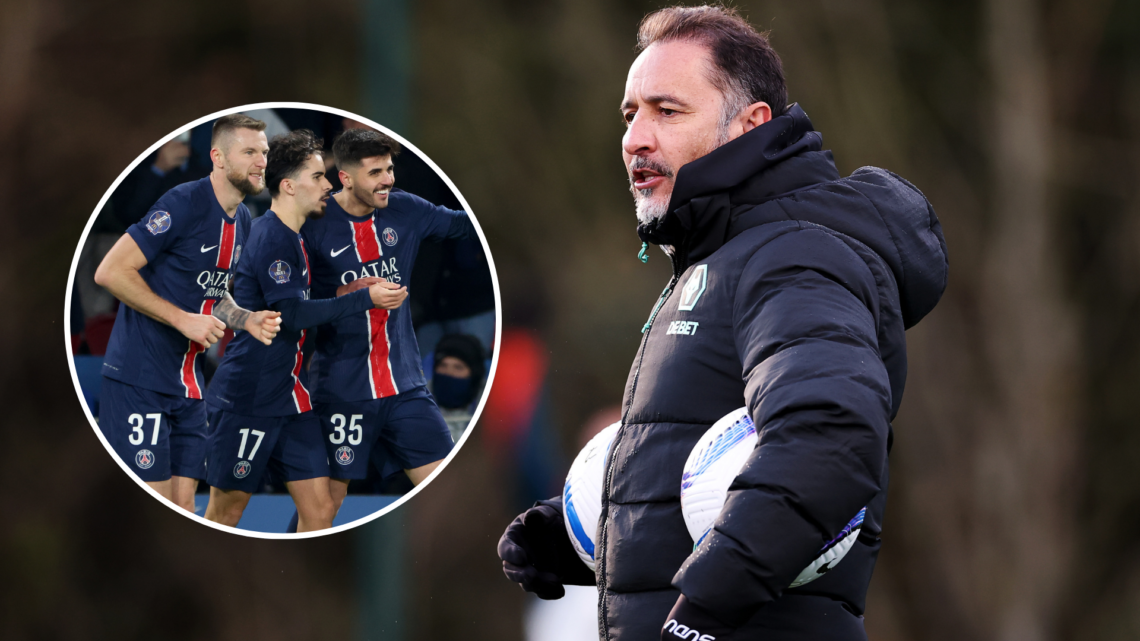 An image of Vitor Pereira (right) with Milan Skriniar, Vitinha and Beraldo of PSG (left, circled).