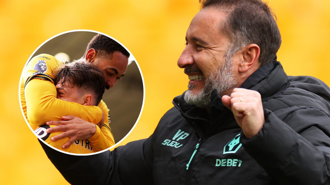 An image of Vitor Pereira (right) with Jorgen Strand Larsen and Matheus Cunha (left, circled).