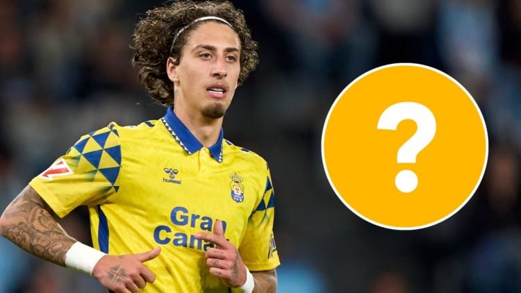 Fabio Silva of UD Las Palmas looks on during the La Liga EA Sports match between RC Celta de Vigo and UD Las Palmas with question mark inset.