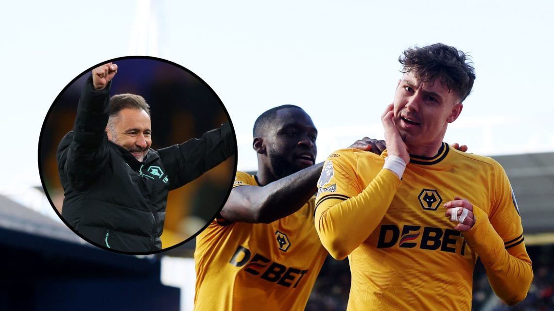 Jorgen Strand Larsen celebrates after scoring his team's second goal during the Premier League match between Ipswich Town FC and Wolverhampton Wand...