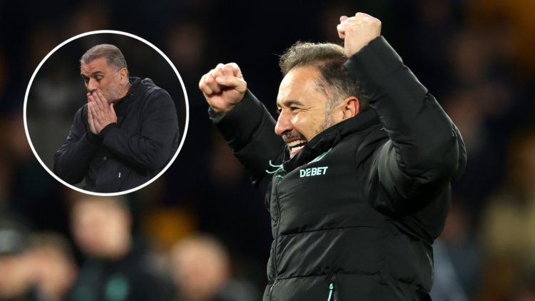 Vitor Pereira celebrates victory during the match between Wolverhampton Wanderers FC and West Ham United FC with inset of Ange Postecoglou during t...