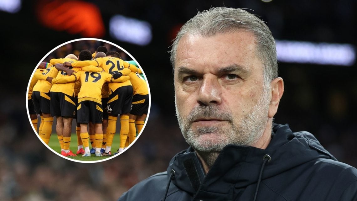 Tottenham Hotspur manager Ange Postecoglou during the UEFA Europa League with inset of Players of Wolverhampton Wanderers huddle prior to the match...
