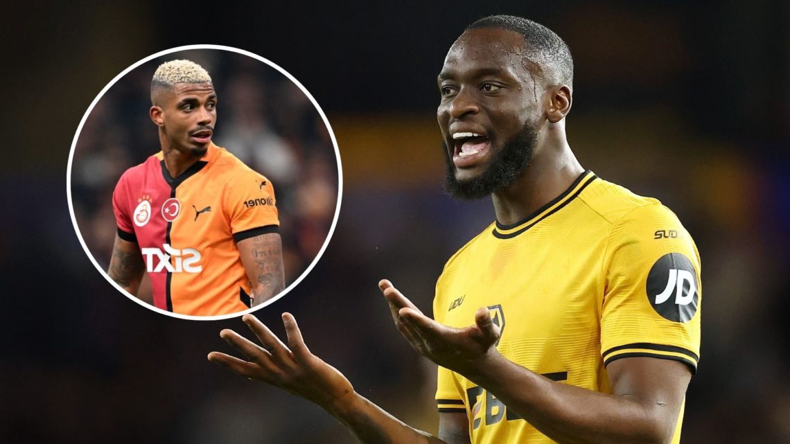 Toti Gomes reacts during the match between Wolverhampton Wanderers FC and West Ham United FC with inset of Mario Lemina of Galatasaray SK during th...