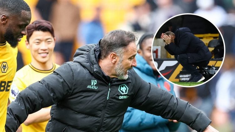 Vitor Pereira with his players during the Premier League match between Wolverhampton Wanderers and Tottenham Hotspur with inset of Gary O'Neil duri...
