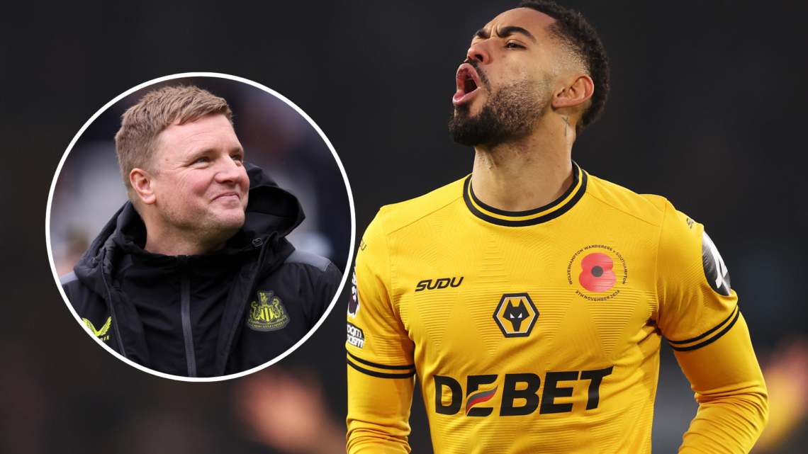 An image of Matheus Cunha (right) with Eddie Howe (left, circled).