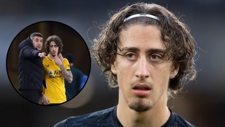 Fabio Silva ahead of the Premier League match between Wolverhampton Wanderers and Newcastle United with inset of Bruno Lage speaking to Fabio Silva...