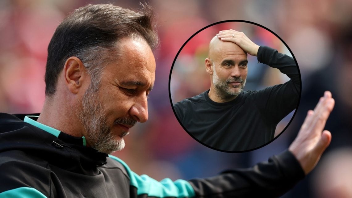 Vitor Pereira prior to the Premier League match between Manchester United FC and Wolverhampton Wanderers with inset of Pep Guardiola at the end of ...