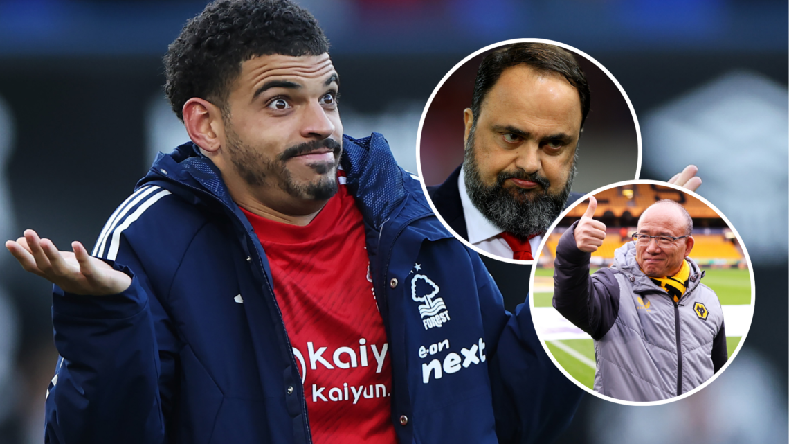 An image of Morgan Gibbs-White (left) with Evangelos Marinakis and Fosun (both right, circled).