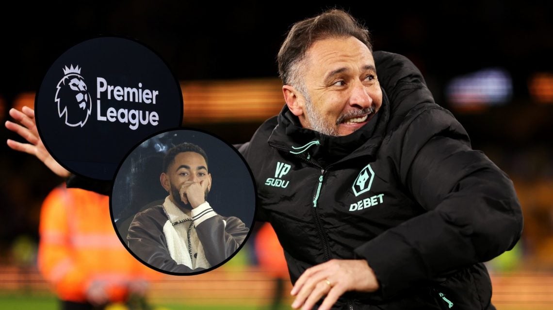 Vitor Pereira celebrates victory following the Premier League match between Wolverhampton Wanderers FC and West Ham United FC with insets of The Pr...