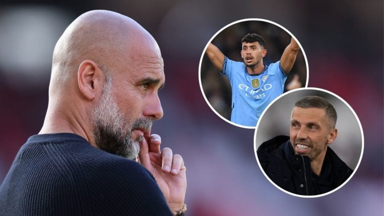 Pep Guardiola looks on prior to the Premier League match between Manchester United FC and Manchester City FC with insets of Matheus Nunes during th...