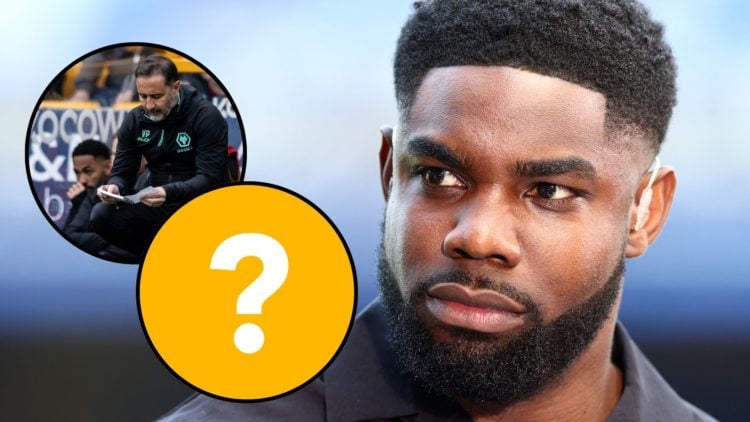Micah Richards looks on prior to the Premier League match between Everton FC and AFC Bournemouth with inset of Wolverhampton Wanderers' manager Vit...