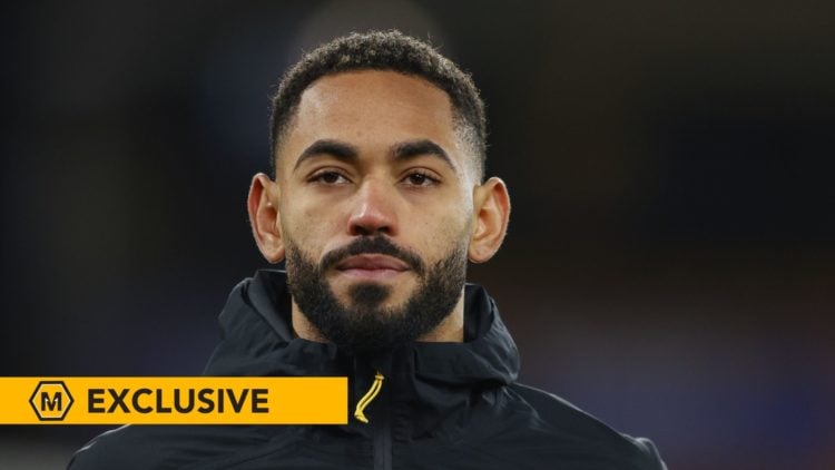 Matheus Cunha looks on during the Premier League match between Wolverhampton Wanderers FC and Fulham FC with exclusive banner.