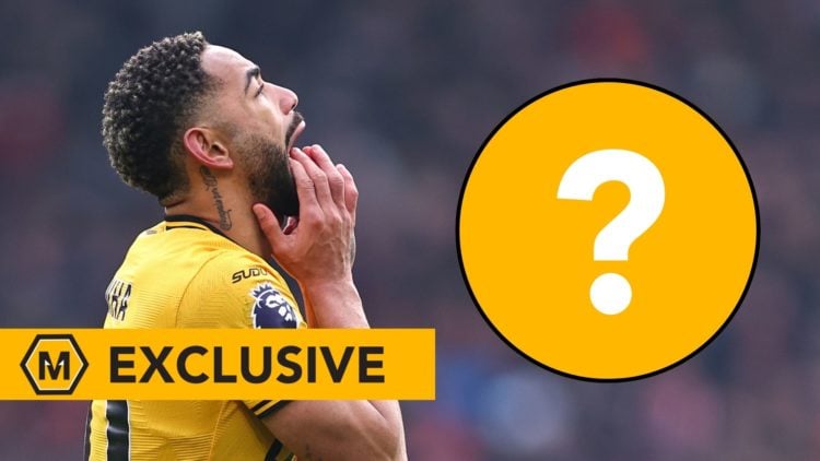 Matheus Cunha reacts during the Premier League match between Liverpool FC and Wolverhampton Wanderers FC at Anfield with question mark inset and Mo...