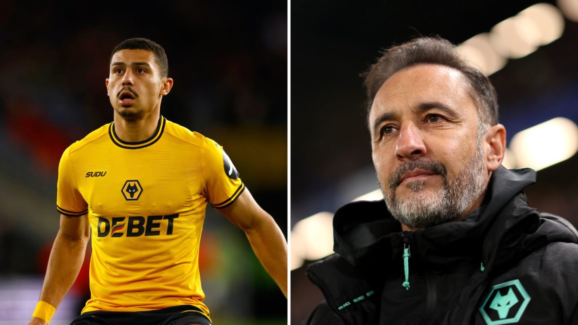 Split Image: Andre of Wolverhampton Wanderers looks on during the Premier League match between Wolverhampton Wanderers FC and West Ham United FC at...