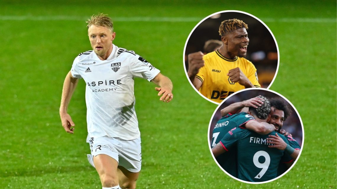 An image of Andreas Beck with insets of Emmanuel Agbadou and Liverpool players (circled).