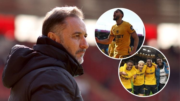 An image of Vitor Pereira with insets of Matheus Cunha and Wolves players (circled).
