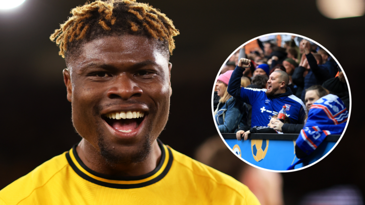 An image of Emmanuel Agbadou (left) with Ipswich Town supporters (right, circled).