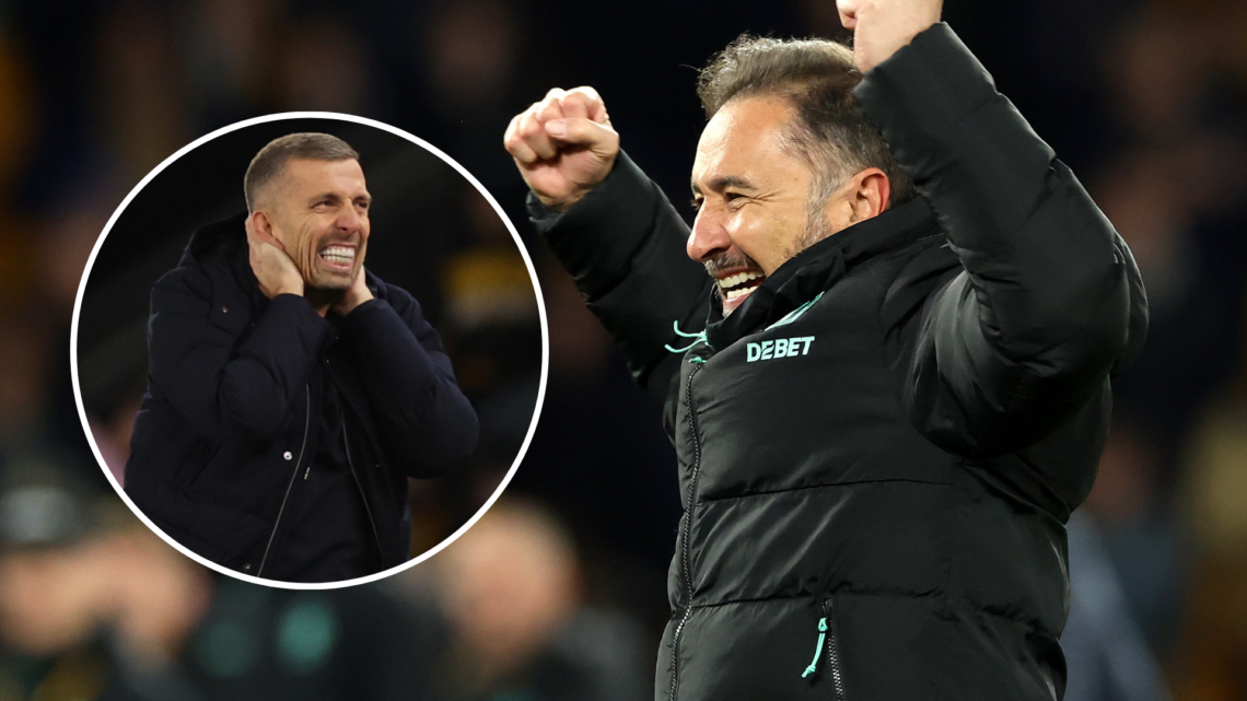 An image of Vitor Pereira (right) with Gary O'Neil (left, circled).