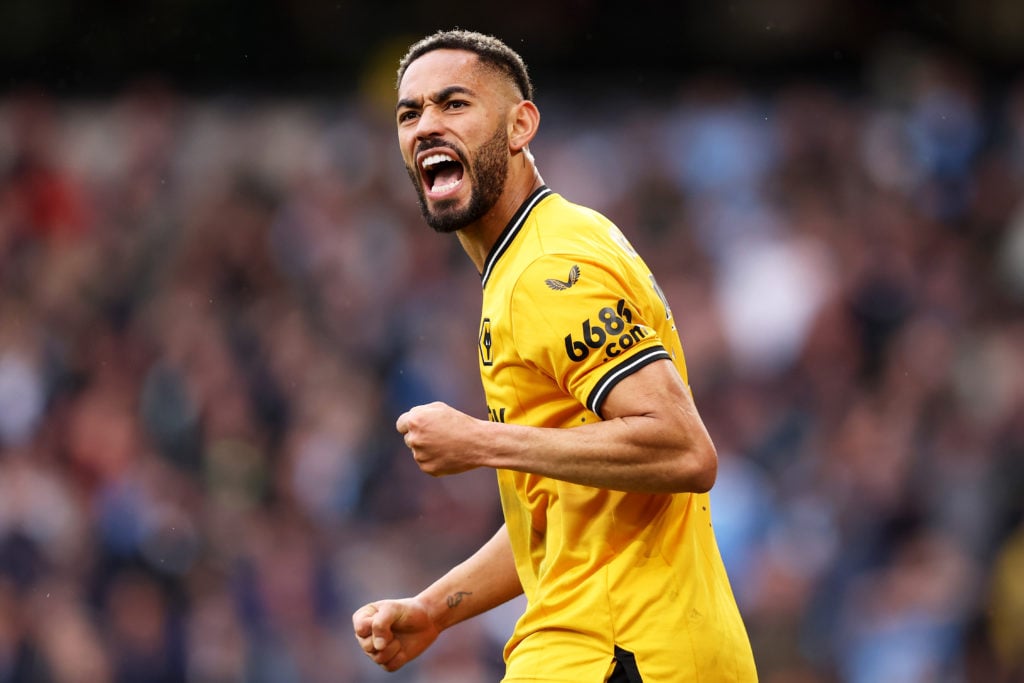 Matheus Cunha of Wolverhampton Wanderers celebrates after assisting his team's second goal scored by Hee-chan