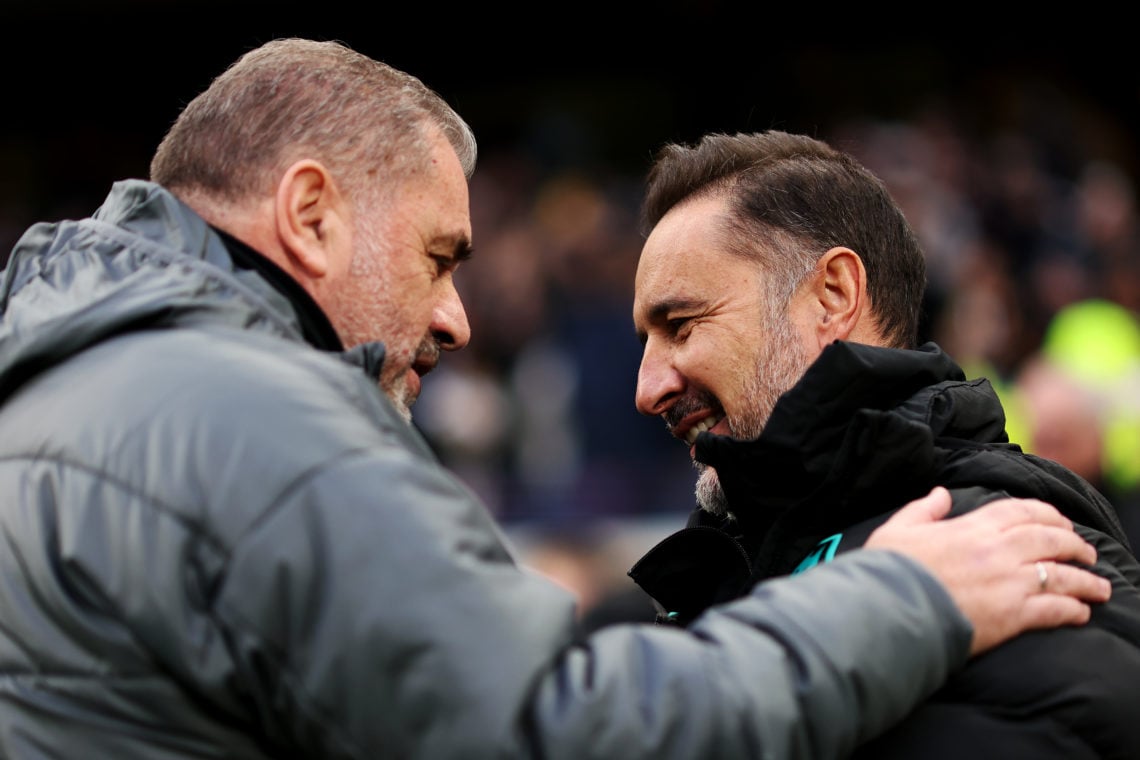 embraces Ange Postecoglou, Manager of Tottenham Hotspur ahead of the Premier League match between Tottenham Hotspur FC and Wolverhampton Wanderers FC at Tottenham Hotspur Stadium on December 29, 2024 in London, England. (Photo by Jack Thomas - WWFC/Wolves via Getty Images