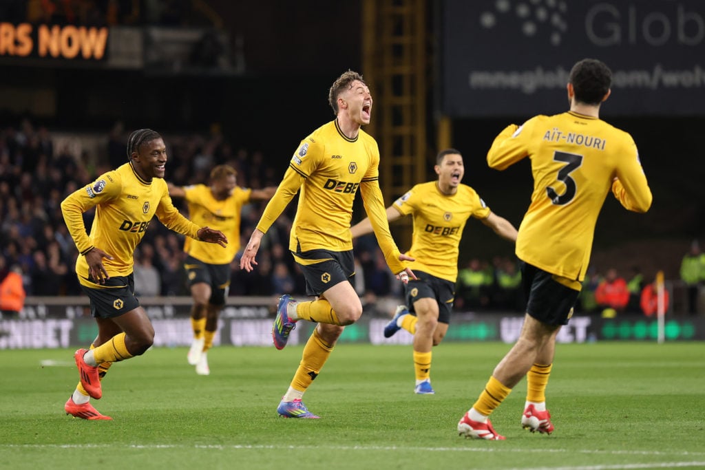 jorgen strand larsen celebrates goals for wolves against west ham