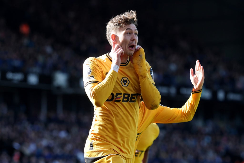 Jorgen Strand Larsen of Wolverhampton Wanderers celebrates scoring his team's second goal during the Premier League match between Ipswich Town FC and Wolverhampton Wanderers FC