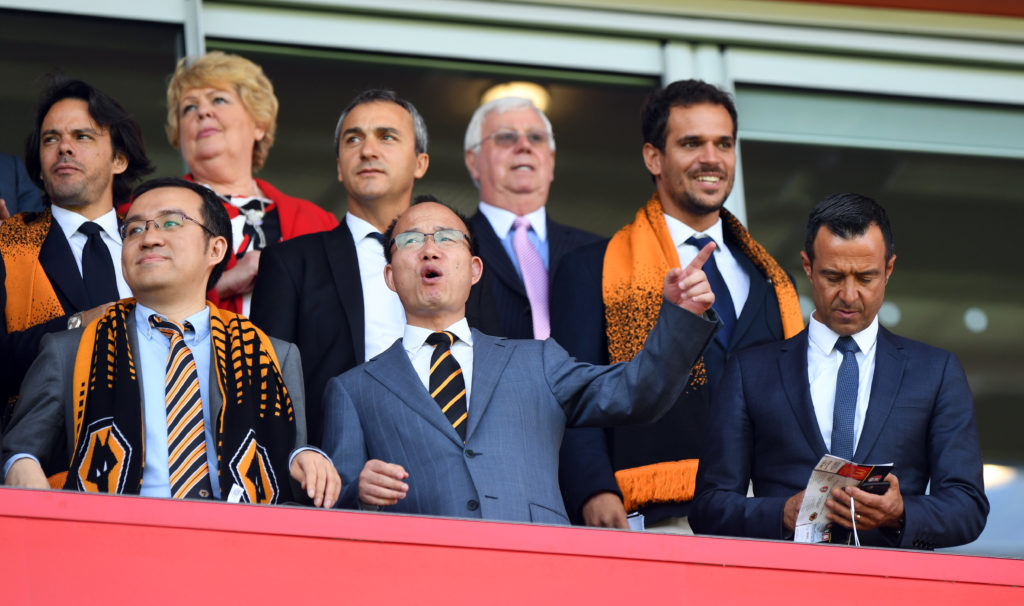 The new Chinese owners, Jeff Shi of Fosun International Limited and Wolverhampton Wanderers, Guo Guangchang the chairman of Fosun International Limited owner of Wolverhampton Wanderers and Jorge Mendes Sports Agent during the Sky Bet Championship match between Rotherham United v Wolverhampton Wanderers
