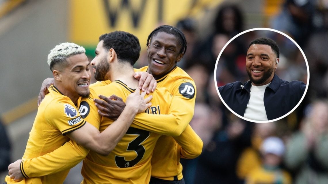 Wolverhampton Wanderers' Rayan Ait-Nouri (centre) celebrates scoring his side's first goal with team mates Joao Gomes (left) and Jean-Ricner Belleg...